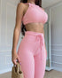 2 Piece Waffle Knit Halter Backless Crop Top High-Waisted Drawstring Wide Leg Casual Pants Set light pink