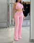 2 Piece Waffle Knit Halter Backless Crop Top High-Waisted Drawstring Wide Leg Casual Pants Set light pink