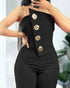 Asymmetrical Bandeau Strapless Jumpsuit Metal Button Decor Casual Overalls black