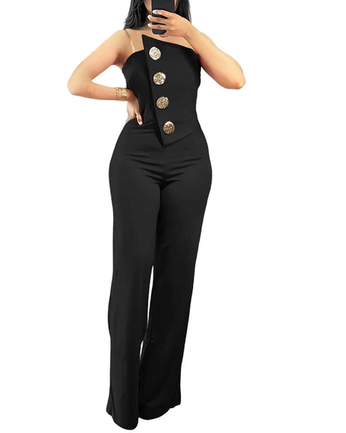 Asymmetrical Bandeau Strapless Jumpsuit Metal Button Decor Casual Overalls black