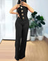 Asymmetrical Bandeau Strapless Jumpsuit Metal Button Decor Casual Overalls black