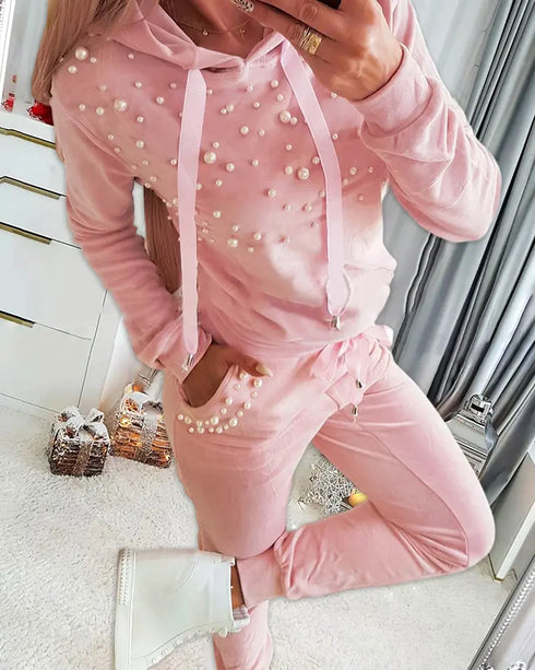 Beaded Hooded Top & Drawstring Pants Set pink