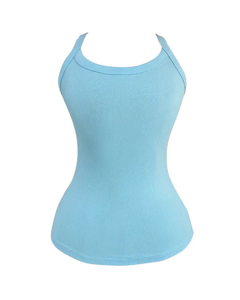 Scoop Neck Spaghetti Strap Ribbed Top Casual Sleeveless Slim Fit Tank sky blue
