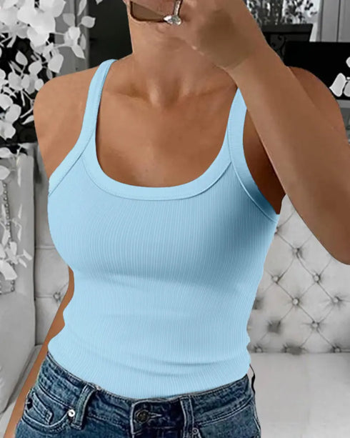 Scoop Neck Spaghetti Strap Ribbed Top Casual Sleeveless Slim Fit Tank sky blue