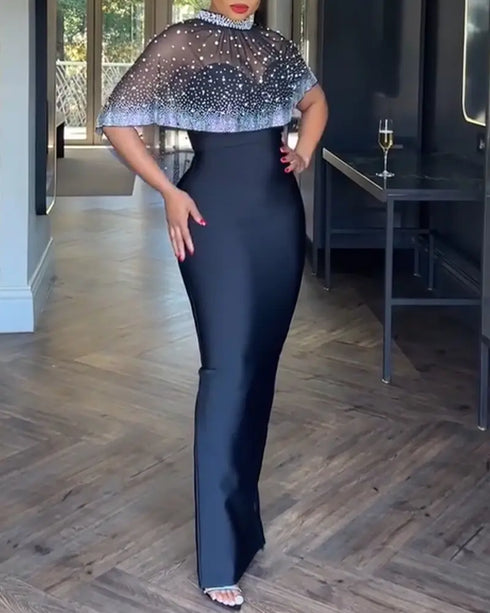 2 Pieces Outfit Detachable & Adjustable Spaghetti Straps Zipper Back Slit Slim Fit Maxi Dress and Rhinestone & Pearls Decor High Neck Zipper Back Sheer Mesh Poncho Cape black