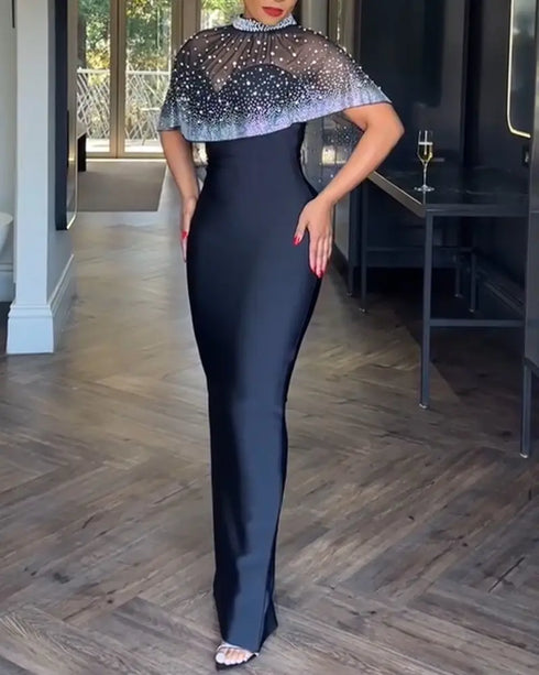 2 Pieces Outfit Detachable & Adjustable Spaghetti Straps Zipper Back Slit Slim Fit Maxi Dress and Rhinestone & Pearls Decor High Neck Zipper Back Sheer Mesh Poncho Cape black