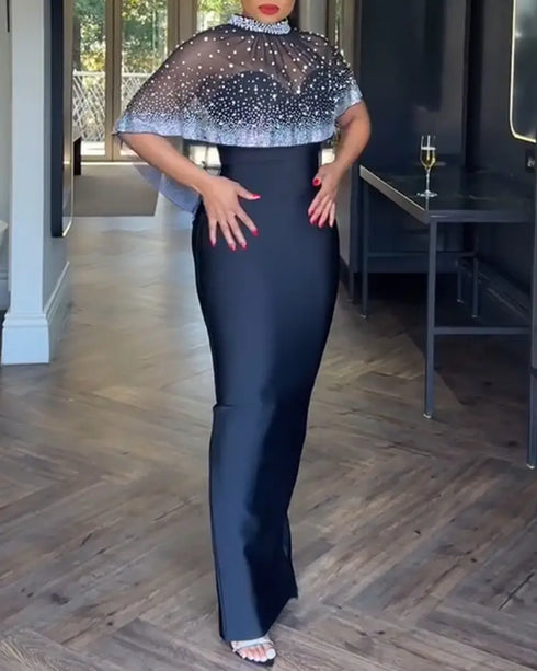 2 Pieces Outfit Detachable & Adjustable Spaghetti Straps Zipper Back Slit Slim Fit Maxi Dress and Rhinestone & Pearls Decor High Neck Zipper Back Sheer Mesh Poncho Cape black