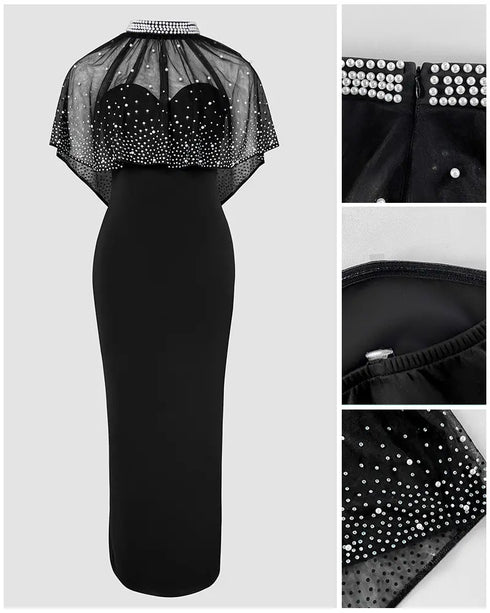 2 Pieces Outfit Detachable & Adjustable Spaghetti Straps Zipper Back Slit Slim Fit Maxi Dress and Rhinestone & Pearls Decor High Neck Zipper Back Sheer Mesh Poncho Cape black