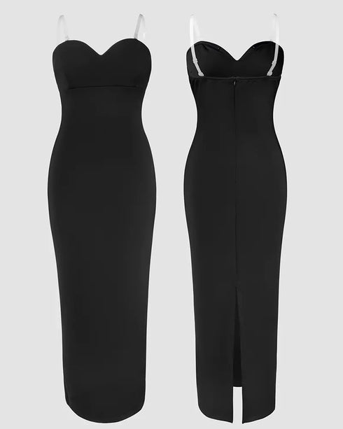 2 Pieces Outfit Detachable & Adjustable Spaghetti Straps Zipper Back Slit Slim Fit Maxi Dress and Rhinestone & Pearls Decor High Neck Zipper Back Sheer Mesh Poncho Cape black