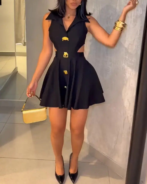 Golden Button Decor Turn-down Collar Sleeveless Waist Cutout Dress Zipper Back Umbrella Hem Party Dress black