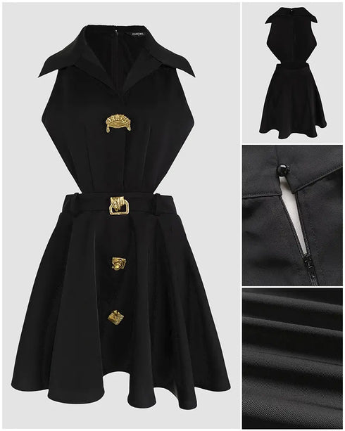 Golden Button Decor Turn-down Collar Sleeveless Waist Cutout Dress Zipper Back Umbrella Hem Party Dress black