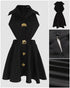 Golden Button Decor Turn-down Collar Sleeveless Waist Cutout Dress Zipper Back Umbrella Hem Party Dress black