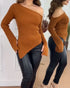 Skew Neck Split Sleeve Asymmetrical Hem Sweater Slim Fit Ribbed Top brown