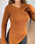 Skew Neck Split Sleeve Asymmetrical Hem Sweater Slim Fit Ribbed Top brown