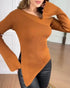 Skew Neck Split Sleeve Asymmetrical Hem Sweater Slim Fit Ribbed Top brown