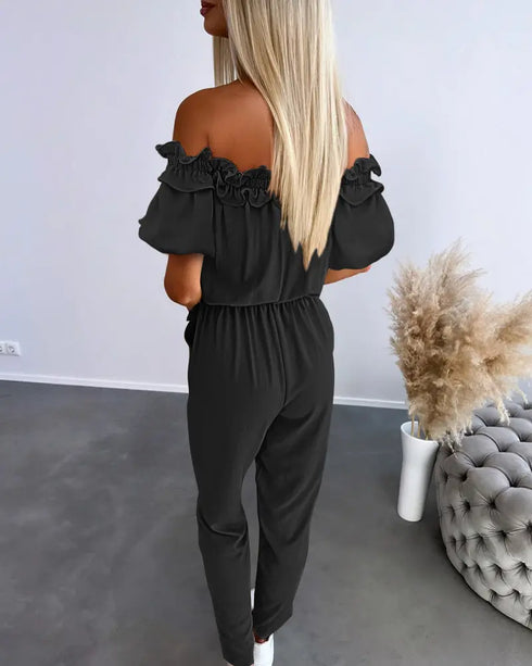 Off Shoulder Frill Hem Tied Detail Jumpsuit black
