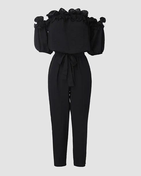 Off Shoulder Frill Hem Tied Detail Jumpsuit black