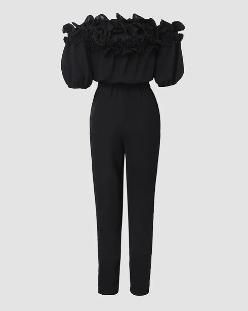 Off Shoulder Frill Hem Tied Detail Jumpsuit black