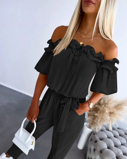 Off Shoulder Frill Hem Tied Detail Jumpsuit black