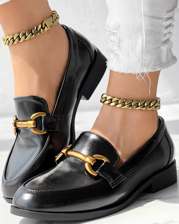 Metal Decor Round Toe Casual Slip-On Flat Loafers black