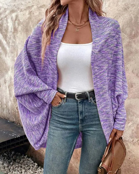 Colorful Waffle Knit Open Front Coat Batwing Long Sleeve Cardigan purple