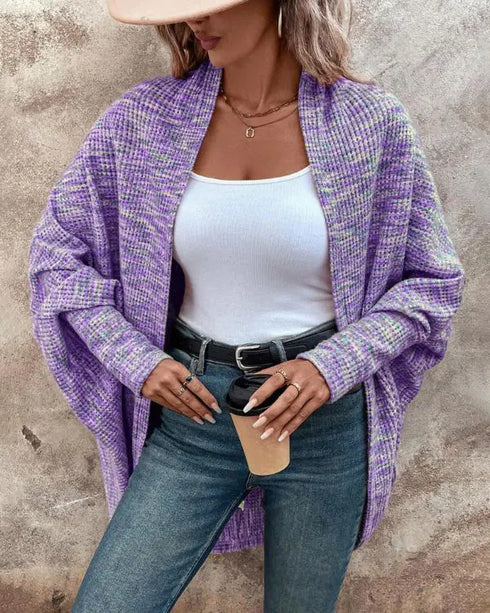 Colorful Waffle Knit Open Front Coat Batwing Long Sleeve Cardigan purple