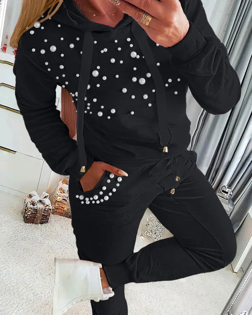 2 Piece Outfit Plus Size Plain Long Sleeve Hooded Suit Set with Beaded Details Casual Drawstring Waist Pants with Pockets black