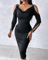 Rhinestone Decor Cold Shoulder Glitter Bodycon Dress black