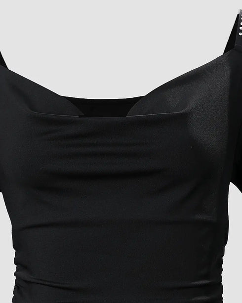 Rhinestone Decor Cold Shoulder Ruched Bodycon Dress black