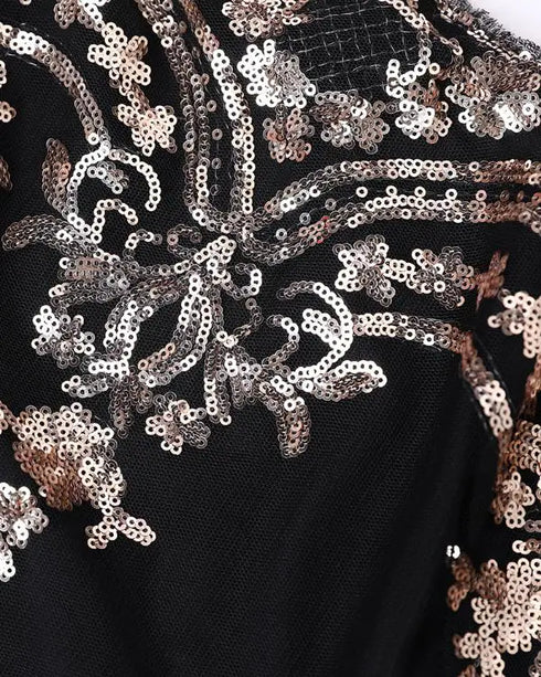 Floral Pattern Contrast Sequin One Shoulder Bodycon Dress black