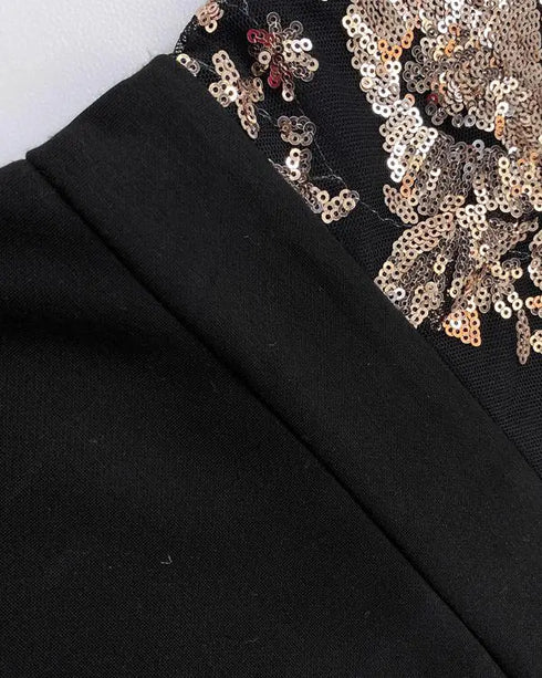 Floral Pattern Contrast Sequin One Shoulder Bodycon Dress black