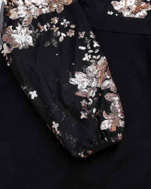 Floral Pattern Contrast Sequin One Shoulder Bodycon Dress black