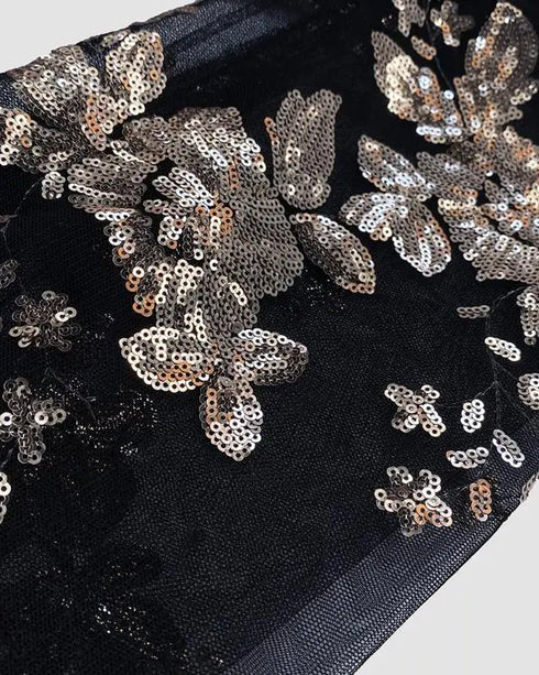 Floral Pattern Contrast Sequin One Shoulder Bodycon Dress black