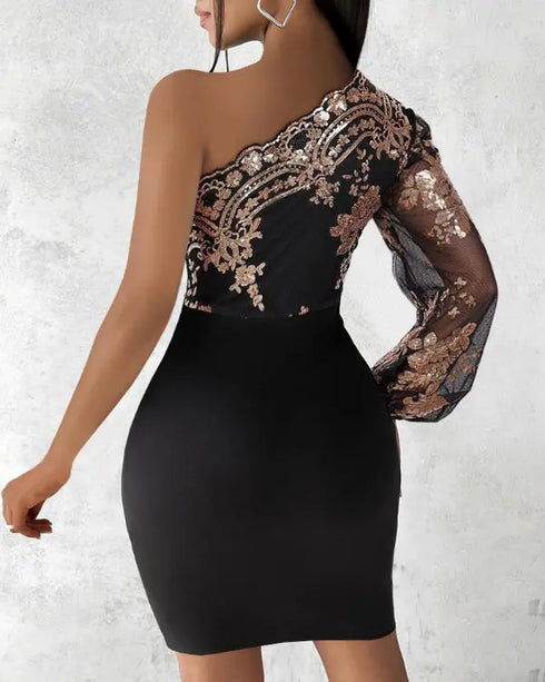 Floral Pattern Contrast Sequin One Shoulder Bodycon Dress black