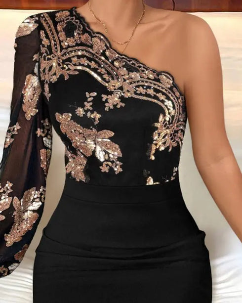 Floral Pattern Contrast Sequin One Shoulder Bodycon Dress black