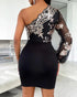 Floral Pattern Contrast Sequin One Shoulder Bodycon Dress black