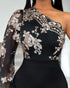 Floral Pattern Contrast Sequin One Shoulder Bodycon Dress black