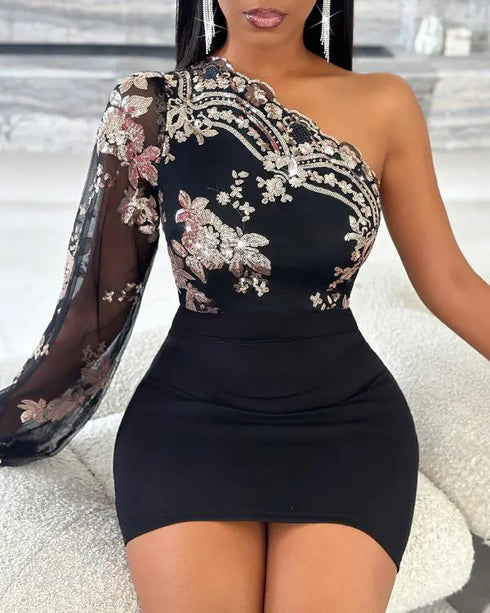 Floral Pattern Contrast Sequin One Shoulder Bodycon Dress black