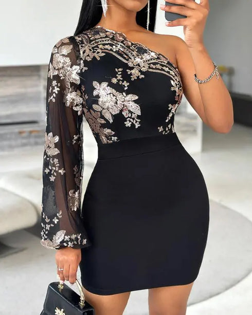 Floral Pattern Contrast Sequin One Shoulder Bodycon Dress black
