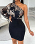 Floral Pattern Contrast Sequin One Shoulder Bodycon Dress black