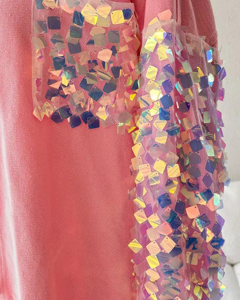 Contrast Sequin Long Sleeve Jacket Top Button Front Raw Hem Loose Fit Shacket pink
