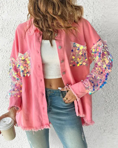 Contrast Sequin Long Sleeve Jacket Top Button Front Raw Hem Loose Fit Shacket pink