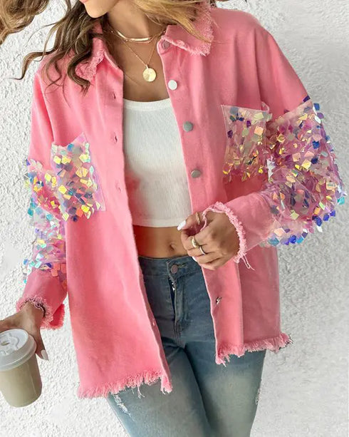 Contrast Sequin Long Sleeve Jacket Top Button Front Raw Hem Loose Fit Shacket pink