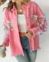 Contrast Sequin Long Sleeve Jacket Top Button Front Raw Hem Loose Fit Shacket pink