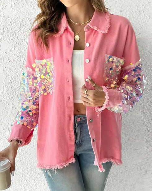 Contrast Sequin Long Sleeve Jacket Top Button Front Raw Hem Loose Fit Shacket pink