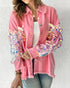 Contrast Sequin Long Sleeve Jacket Top Button Front Raw Hem Loose Fit Shacket pink