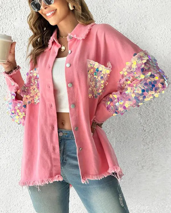 Contrast Sequin Long Sleeve Jacket Top Button Front Raw Hem Loose Fit Shacket pink