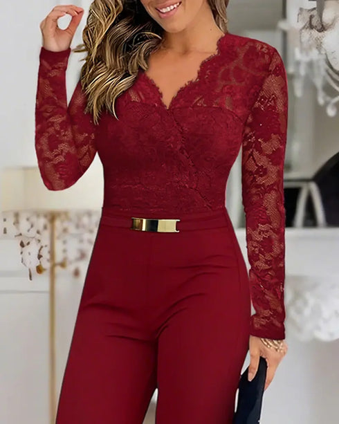 Off Shoulder Long Sleeve Eyelash Lace Spliced Slim Fit Overalls Casual Zipper Back Jumpsuit with Belt Wine red