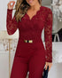 Metal Decor Scallop Trim V-Neck Lace Overlay Jumpsuit Casual Lace Long Sleeve Zipper Back Jumpsuit Wine red