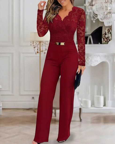 Off Shoulder Long Sleeve Eyelash Lace Spliced Slim Fit Overalls Casual Zipper Back Jumpsuit with Belt Wine red